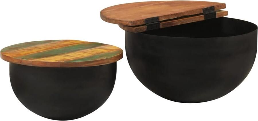 The Living Store 2-delige Salontafelset massief gerecycled hout zwart Salontafelset Zwarte Salontafel Houten Salontafel Salontafels Vintage Salontafel