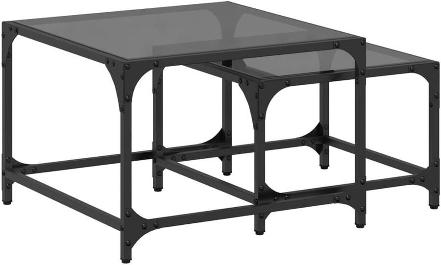 The Living Store 2-delige Tafeltjesset met zwart glazen blad staal Salontafels Tafeltjesset Nestkasten Koffietafel Bijzettafel