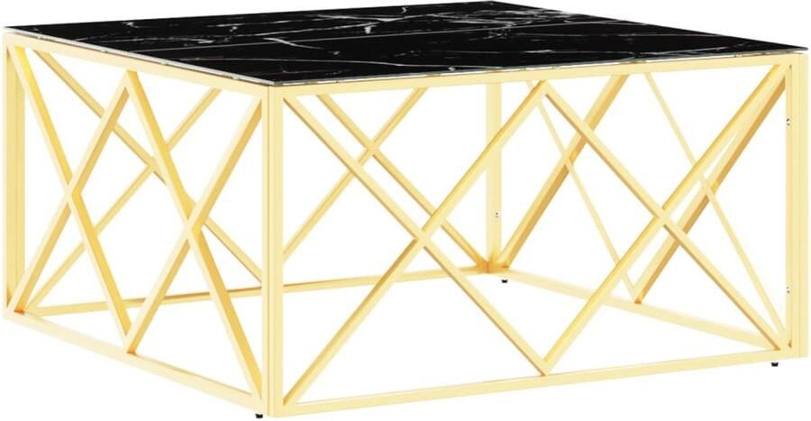 The Living Store Salontafel 80x80x40 cm roestvrij staal en glas goudkleurig Salontafel Marmeren Look Zwart Marmer Gouden Kleur Roestvaststaal