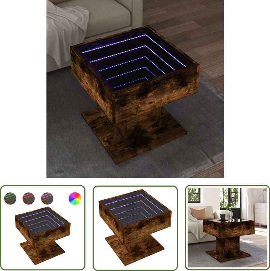 VidaXL Salontafel met LED 50x50x45 cm bewerkt hout gerookt eikenkleur Salontafel Koffietafel Tv Tafellaar Houten Tafel Led Lamp