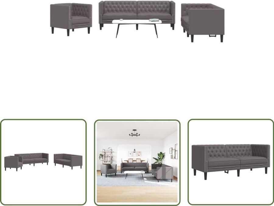 The Living Store 3-delige Loungeset Chesterfield-stijl kunstleer grijs Chesterfieldstijl Bank Kunstleder Bank Grijze Bank Lounge Set Salon Meubilair