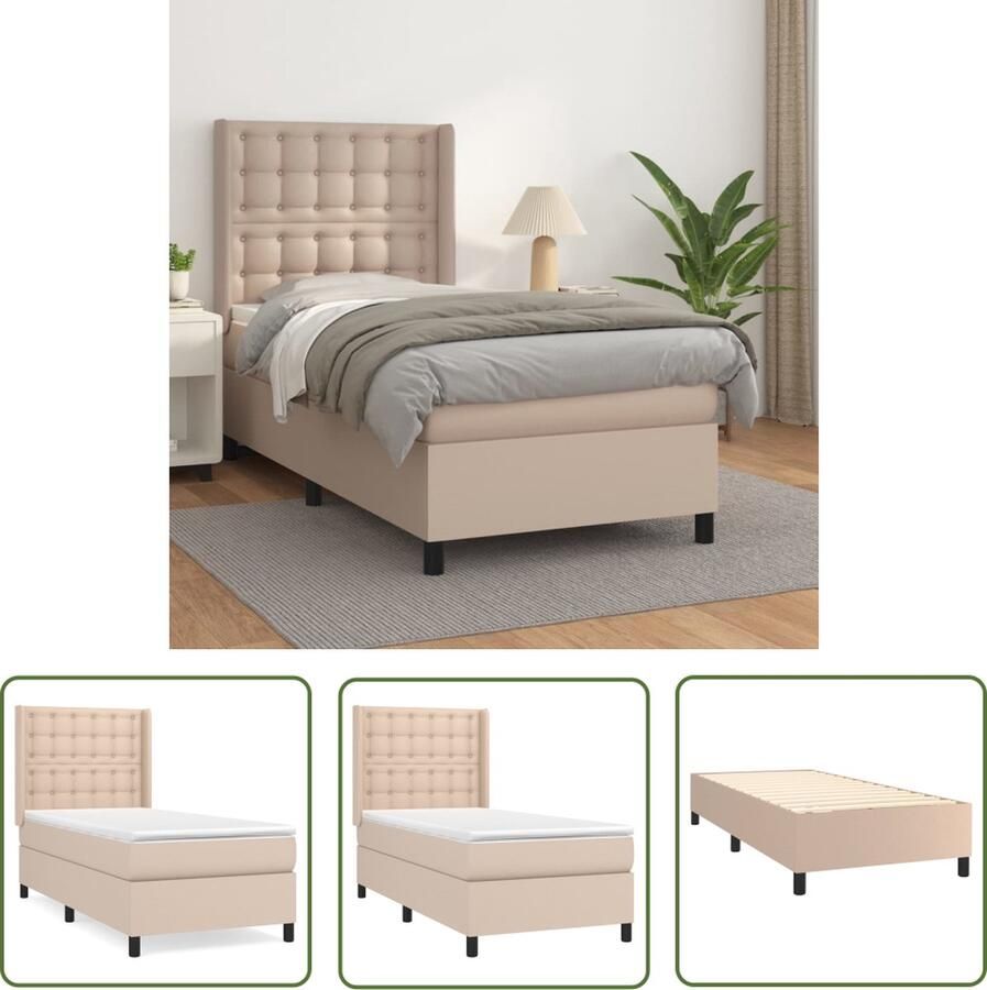 The Living Store Boxspring met matras kunstleer cappuccinokleurig 100x200 cm Boxspringbed Kunstleder Bed Verstelbare Hoofdbord Pocketveer Matras Middelhard Matras