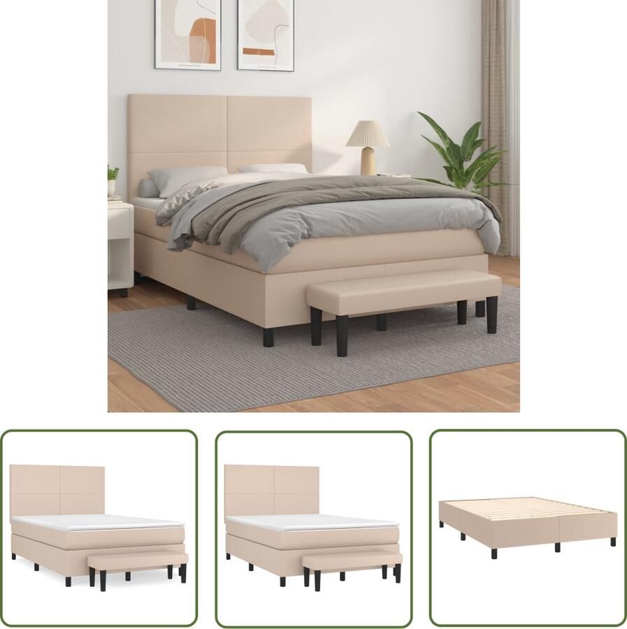 The Living Store Boxspringbed Cappuccino 203x144x118 128 cm Kunstleer Verstelbaar hoofdbord Pocketvering matras Middelharde ondersteuning Huidvriendelijk topmatras Multifunctioneel bankje