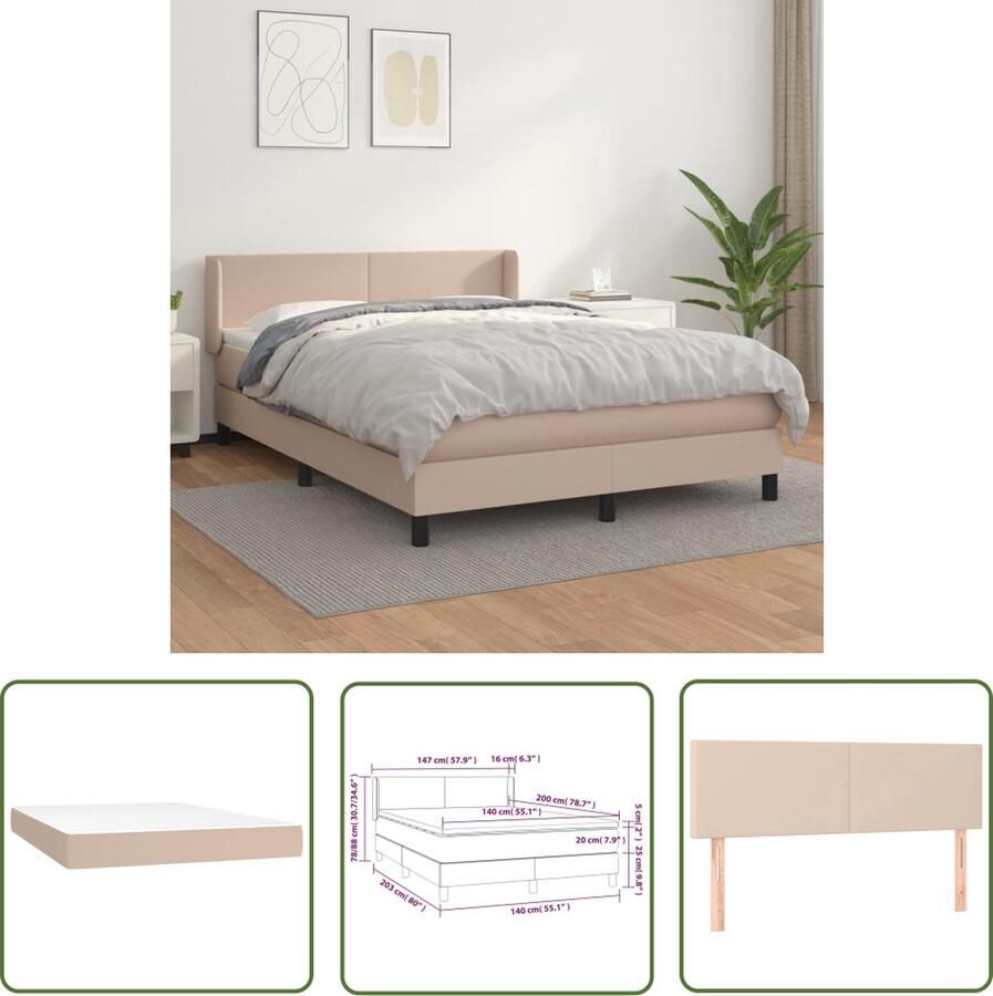 The Living Store Boxspring met matras kunstleer cappuccinokleurig 140x200 cm Boxspringbed Kunstleder Bed Pocketveer Matras Bruine Bed Tweepersoons Bed