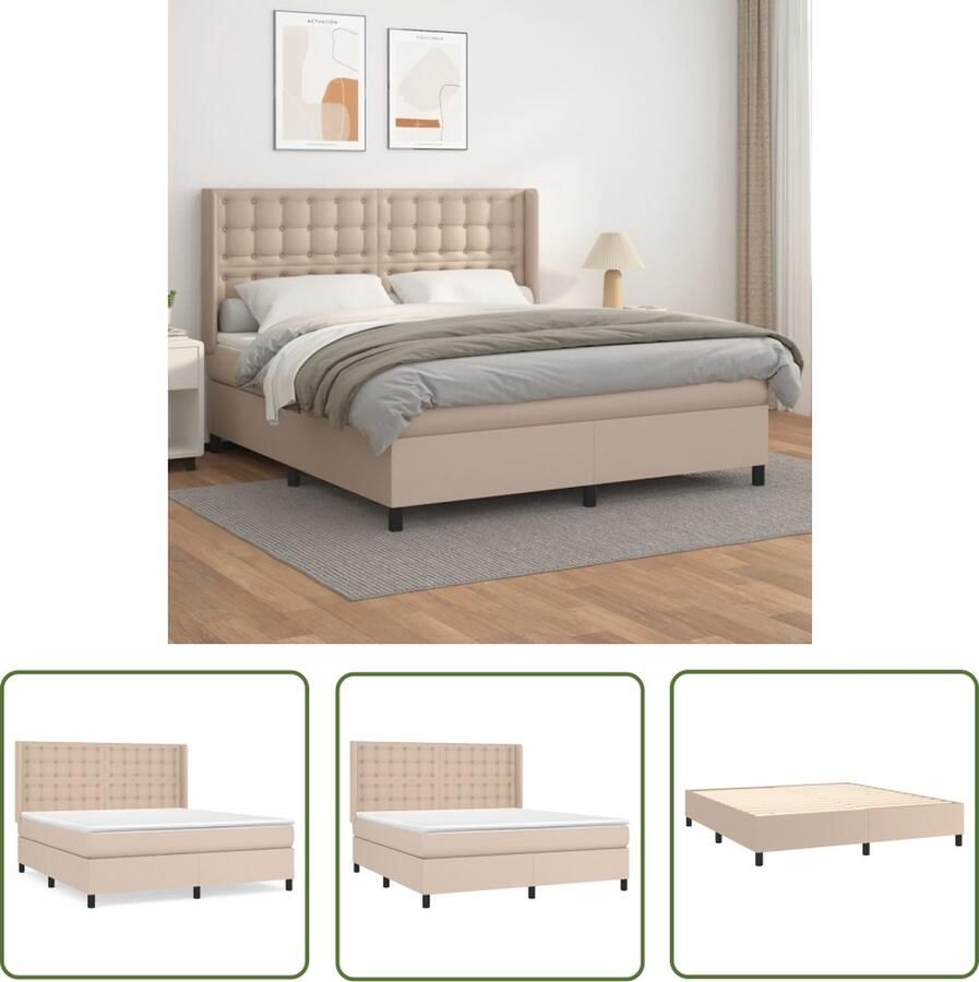 The Living Store Boxspring met matras kunstleer cappuccinokleurig 180x200 cm Boxspringbed Kunstleder Bed Pocketveer Matras Middenhard Matras Kapstok