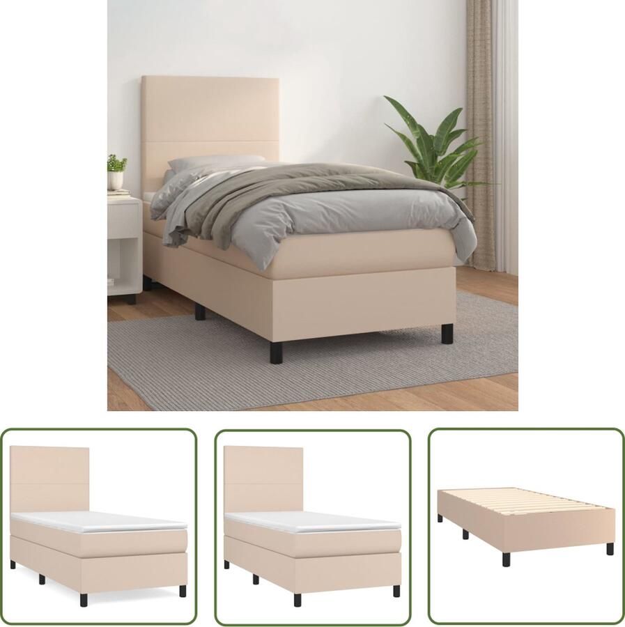 The Living Store Boxspringbed 203x90x118 128 cm Kunstleer Pocketvering Middelharde ondersteuning Huidvriendelijk topmatras Boxspringbed Kunstleder Bed Pocketveer Matras Middenhard Matras Bruine Bed