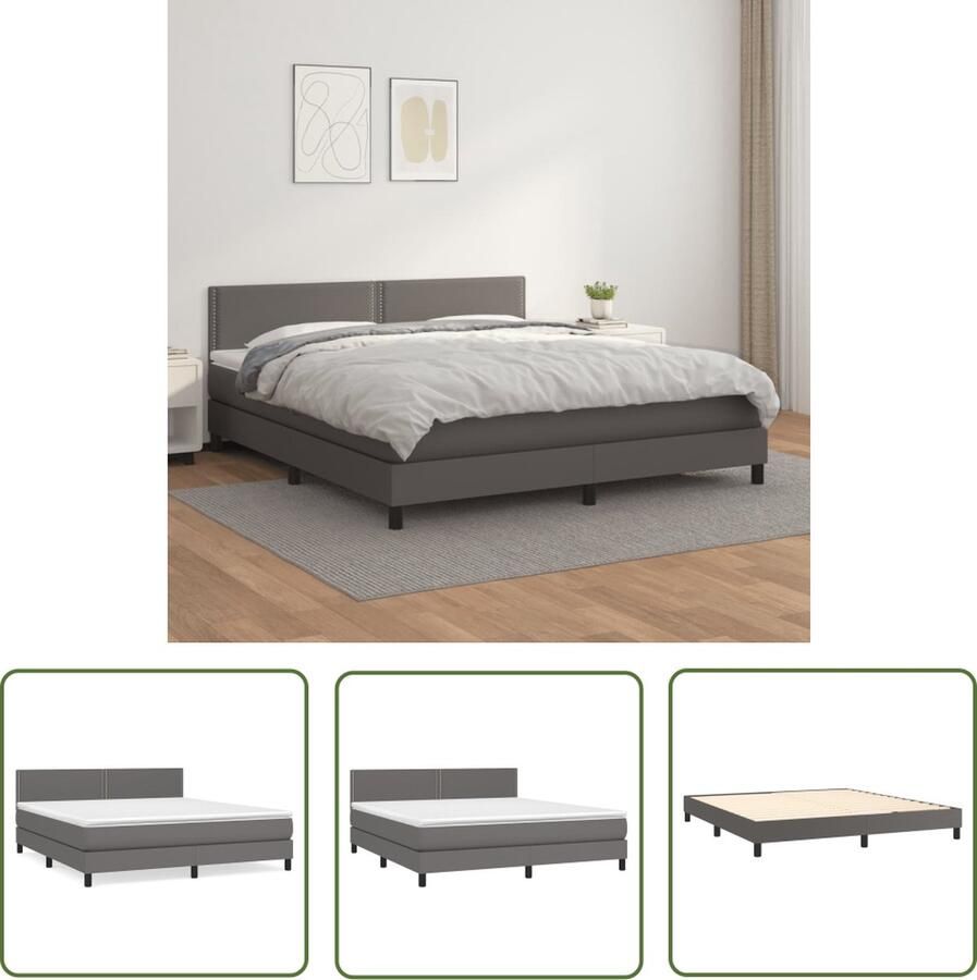 The Living Store Boxspringbed Kunstleer Grijs 203x160x78 88 cm Pocketvering matras Middelharde ondersteuning Huidvriendelijk topmatras Boxspringbed Kunstleder Bed Grijze Boxspring Tweepersoons Bed Pocketed Spring Mattress