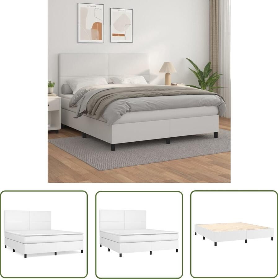 The Living Store Boxspring met matras kunstleer wit 160x200 cm Boxspringbed Kunstleder Bed Pocketveer Matras Midden Hard 160x200 Cm
