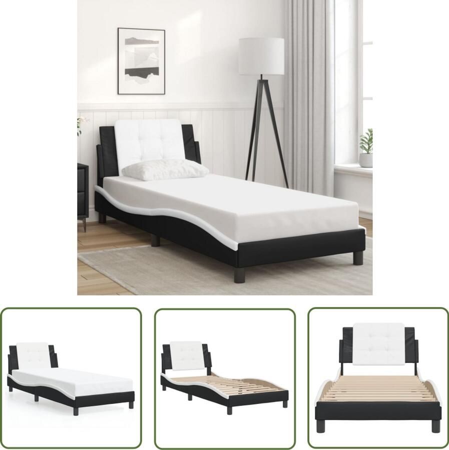 VidaXL Bedframe zonder matras Zadar kunstleer zwart en wit 80x200 cm Bed Frame Kunstleder Bed Hoofdbord Bed Tweepersoons Bed Boxspring Bed