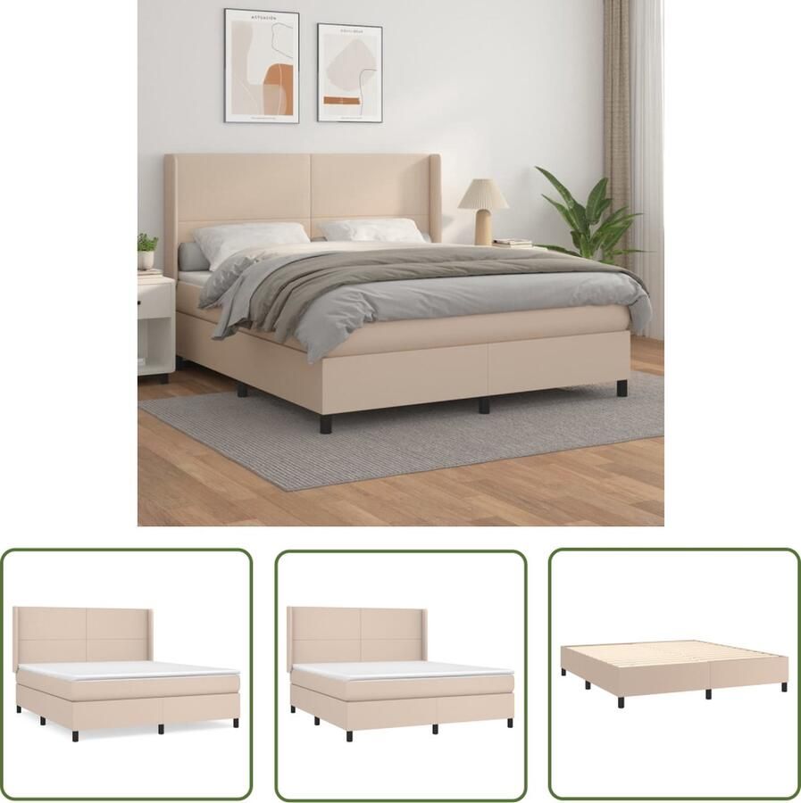 The Living Store Boxspringbed Kunstleren bedframe Pocketvering matras Huidvriendelijk topmatras Cappuccino 203 x 183 x 118 128 cm Boxspringbed Kunstleder Bed Frame Pocketvering Matras Topper Bruine Bed