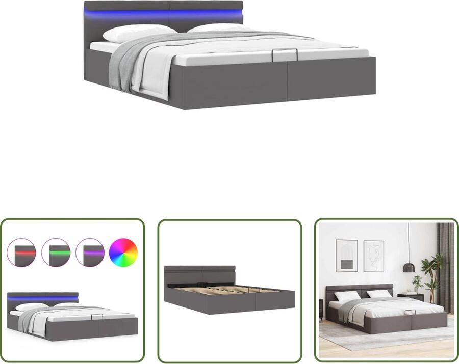 The Living Store Bedframe met opslag hydraulisch LED kunstleer grijs 160x200 cm Hydraulisch Bed Kunstleder Bed Boxspring Bed Dubbel Bed Slaapcomfort