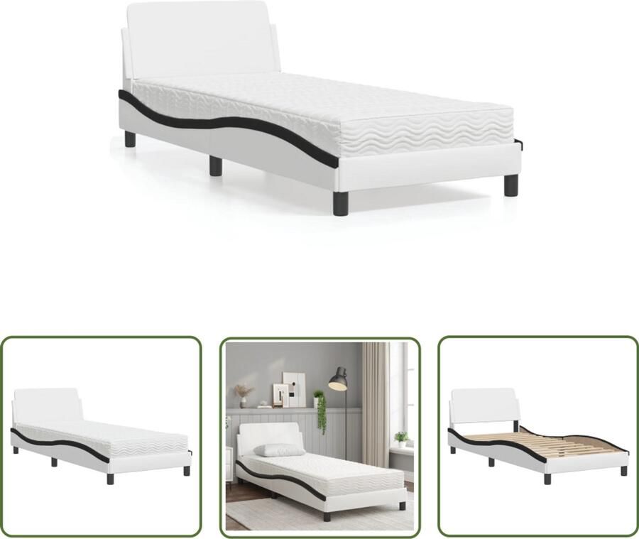 VidaXL Kunstleder Bed Slaapcomfort Bed met matras Dover kunstleer zwart en wit 90x200 cm Boxspring Bed Tweepersoonsbed Modern Bed