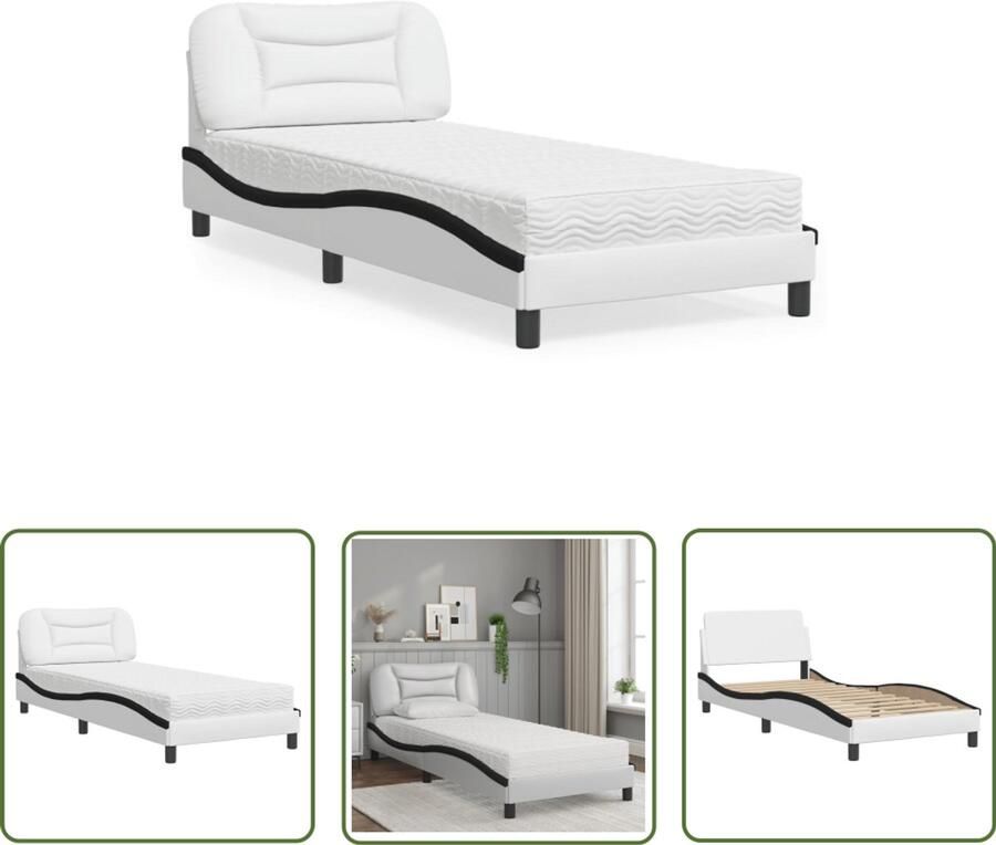 VidaXL Kunstleder Bed Slaapcomfort Bed met matras Hvar kunstleer wit en zwart 90x190 cm Boxspring Tweepersoonsbed Modern Bed