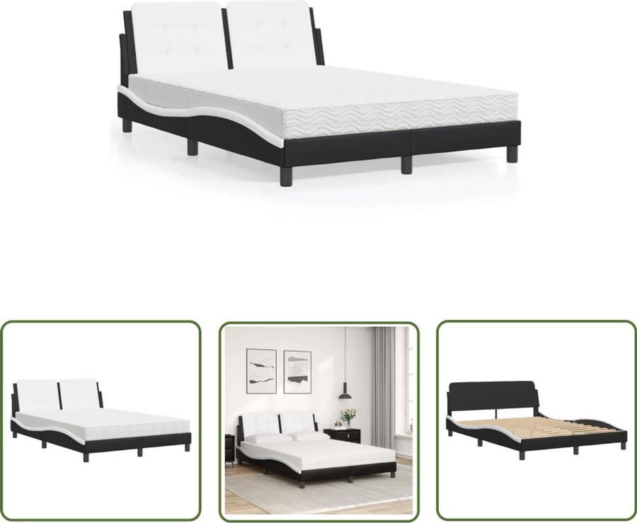 VidaXL Bed met matras Zadar kunstleer zwart en wit 140x200 cm Slaapcomfort Kunstleder Bed Boxspring Bed Tweepersoonsbed Modern Bed