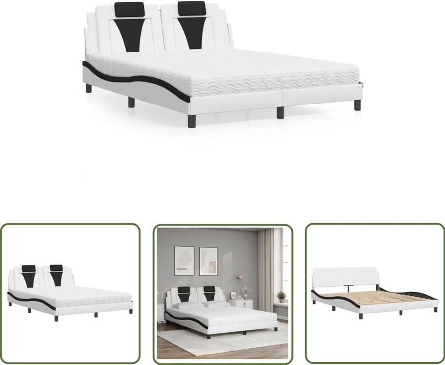 VidaXL Bed Viana met matras kunstleer wit en zwart 160x200 cm Slaapcomfort Kunstleder Bed Boxspring Bed Tweepersoonsbed Modern Bed