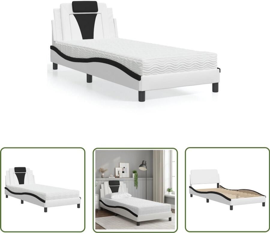 VidaXL Kunstleder Bed Slaapcomfort Bed Viana met matras kunstleer wit en zwart 90x190 cm Tweepersoonsbed Boxspring Bed Modern Bed