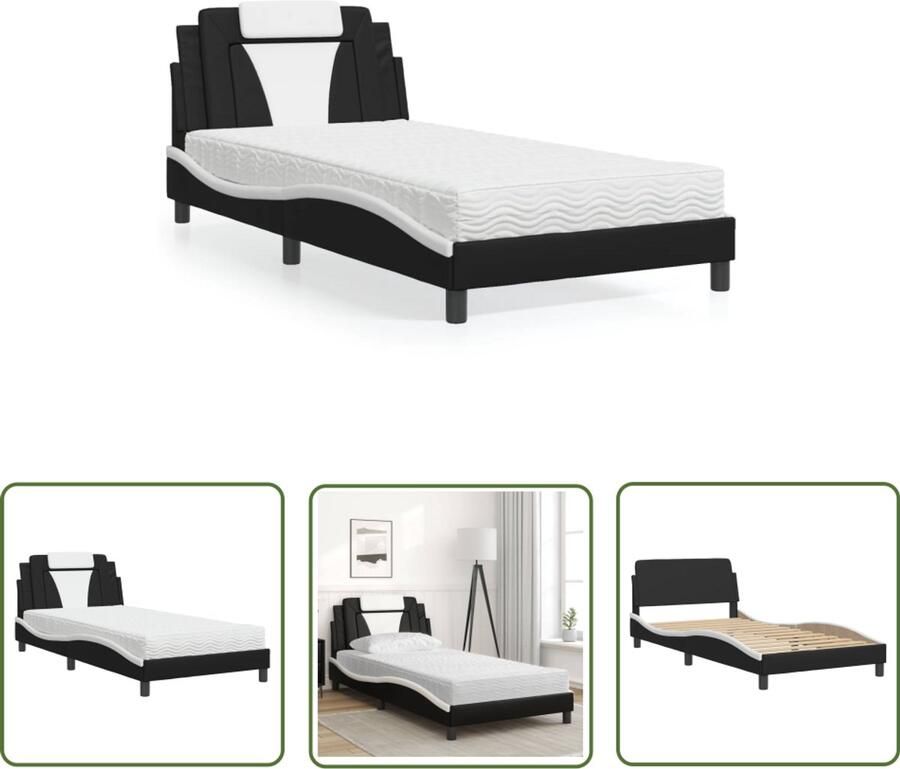 VidaXL Kunstleder Bed Slaapcomfort Bed Viana met matras kunstleer zwart en wit 100x200 cm Tweepersoonsbed Boxspring Bed Modern Bed
