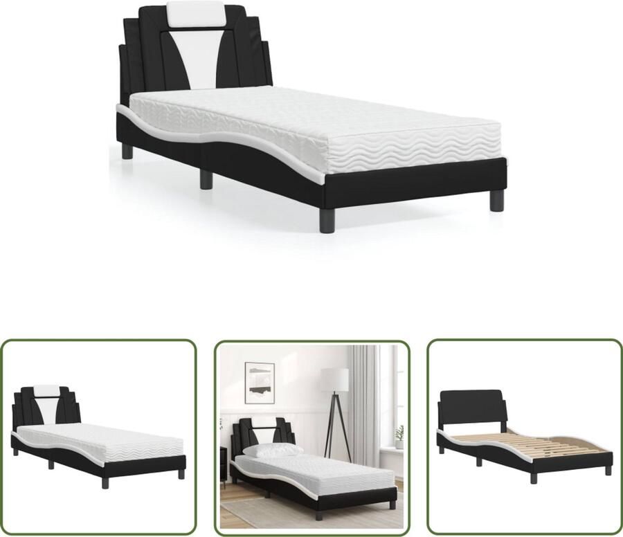 VidaXL Kunstleder Bed Slaapcomfort Bed Viana met matras kunstleer zwart en wit 90x200 cm Boxspring Bed Tweepersoonsbed Modern Bed