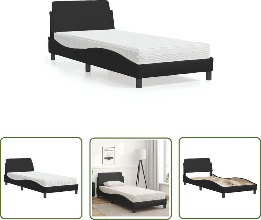 The Living Store Zwarte Kunstleren Bedframe met 3-laags Schuimmatras 90x190x17 cm H2 en H3 Zwart Bed Frame Kunstleder Bed Tweepersoons Bed Boxspring Bed King Size Bed