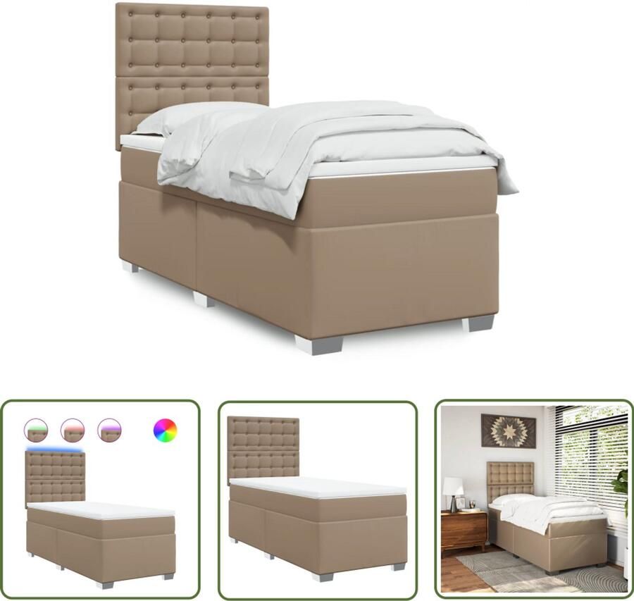 VidaXL Boxspring met matras kunstleer cappuccinokleurig 100x200 cm Boxspring Kunstleder Capucino Kleur Led Verlichting Pocketveringmatras