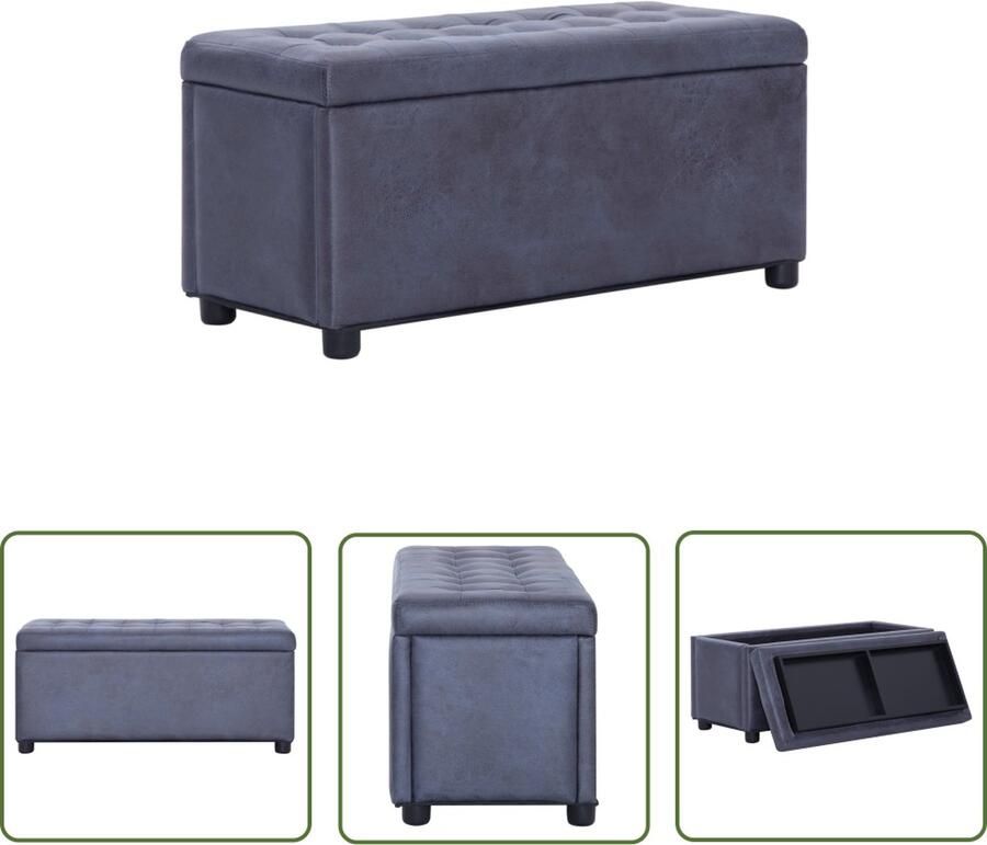 The Living Store Opberghocker Grijs 87.5 x 36 x 40 cm Kunstsuède bekleding Opberghocker Kunstleder Grijze Bank Loungehoek Woonkamer Meubels - Foto 2