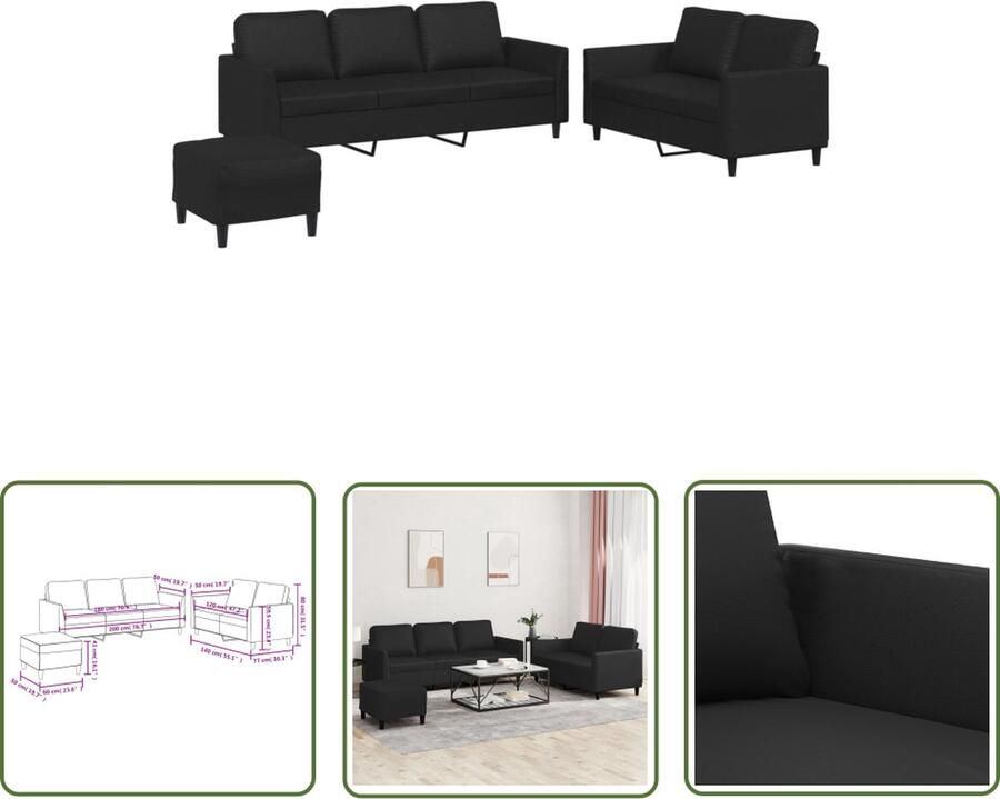 The Living Store 3-delige Loungeset met kussens kunstleer zwart Loungebank Kunstleder Sofa Zwarte Lounge Set Buitenlounge Tuinmeubel