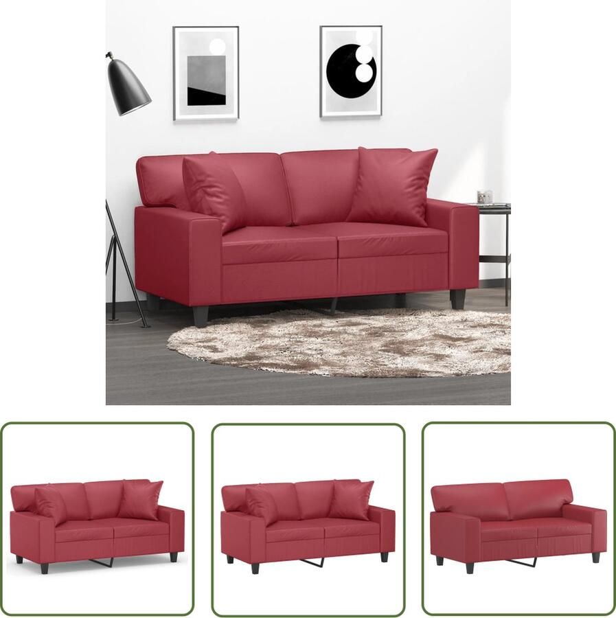 The Living Store Tweezitsbank met sierkussens 120 cm kunstleer wijnrood Tweezitsbank Kunstleder Sofa Rode Bank Lounge Bank Gezellige Bank