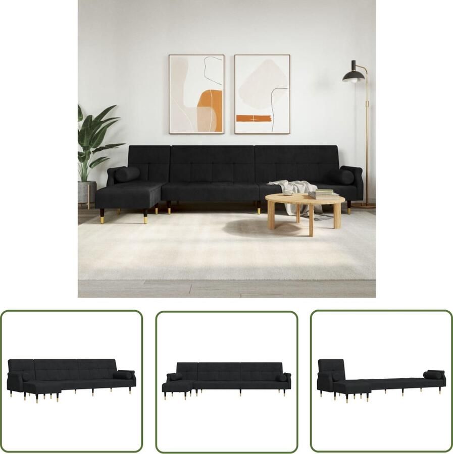 The Living Store L-vormige slaapbank fluweel zwart 271 x 140 x 70 cm met chesterfield armleuningen Slaapbank L-vormig Bankstel Zwarte Sofa Velvet Bank Chesterfield Fauteuil - Foto 2