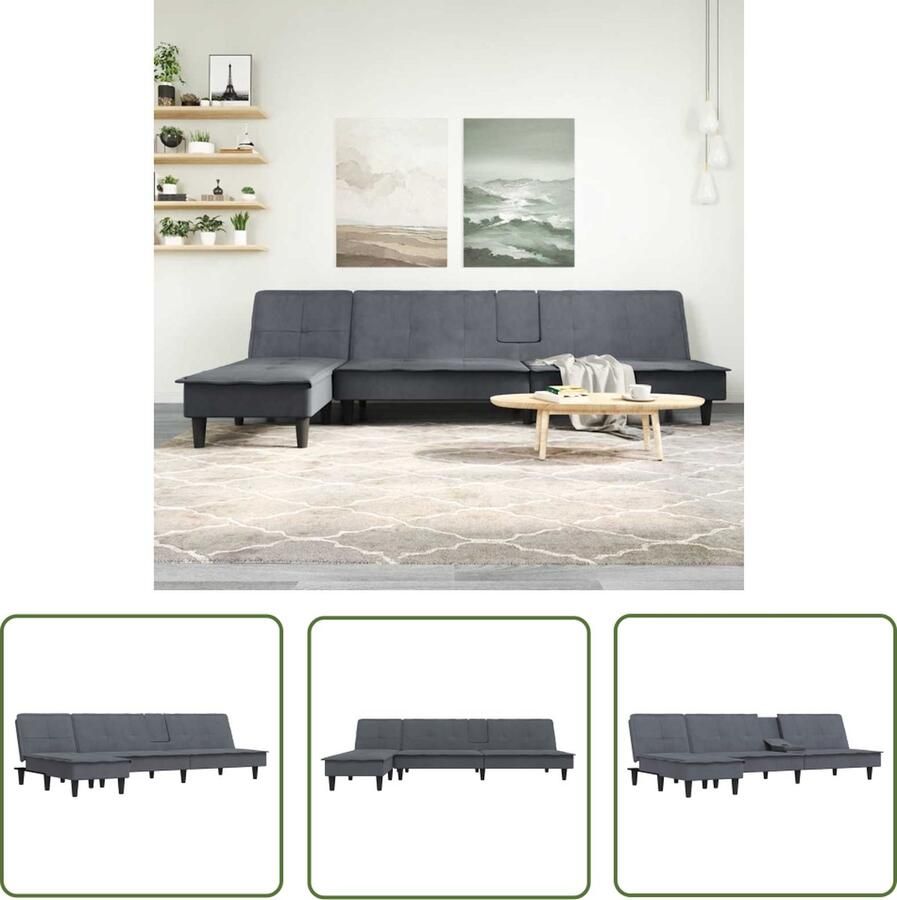 The Living Store Slaapbank fluweel donkergrijs L-vormig 255x140x70cm inklapbare theetafel Slaapbank L-vormig Sofa Fluweel Sofa Grijs Sofa Hoekbank