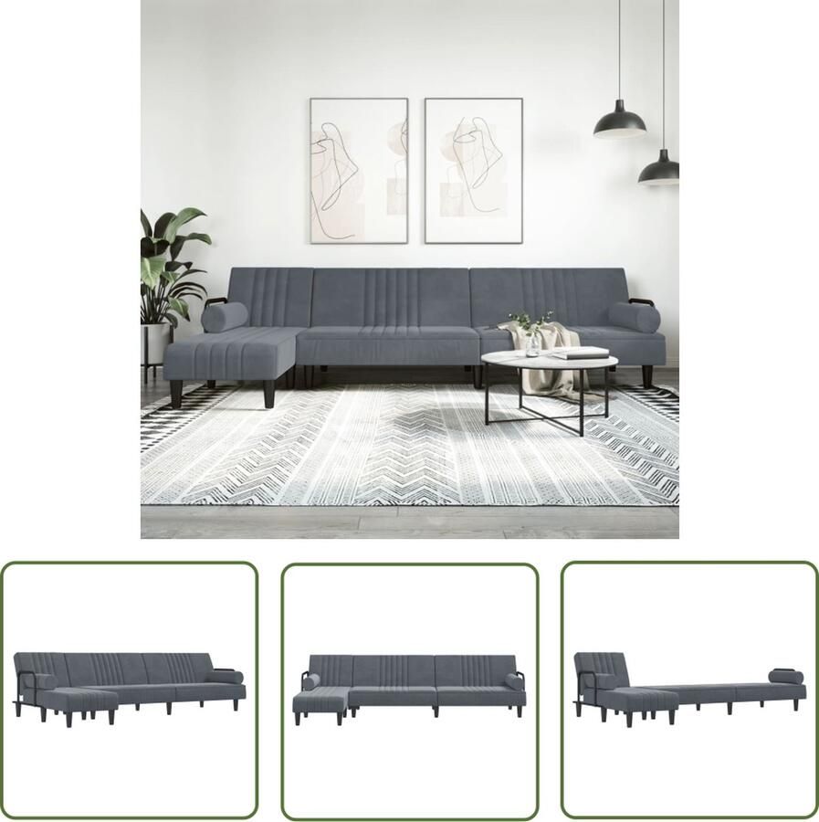 The Living Store L-vormige Slaapbank Donkergrijs Fluweel Inklapbaar Stevig Frame Comfortabele zitervaring Slaapbank L-vormig Sofa Donkere Grijze Bank Velvet Bank Tweepersoons Bank