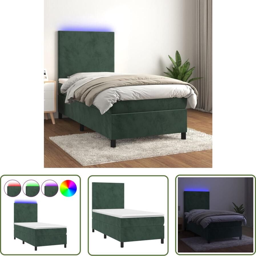 The Living Store Boxspring met matras en LED fluweel donkergroen 80x200 cm Boxspring Bed Led Bed Velvet Bed Donkere Groene Bed Tweepersoons Bed