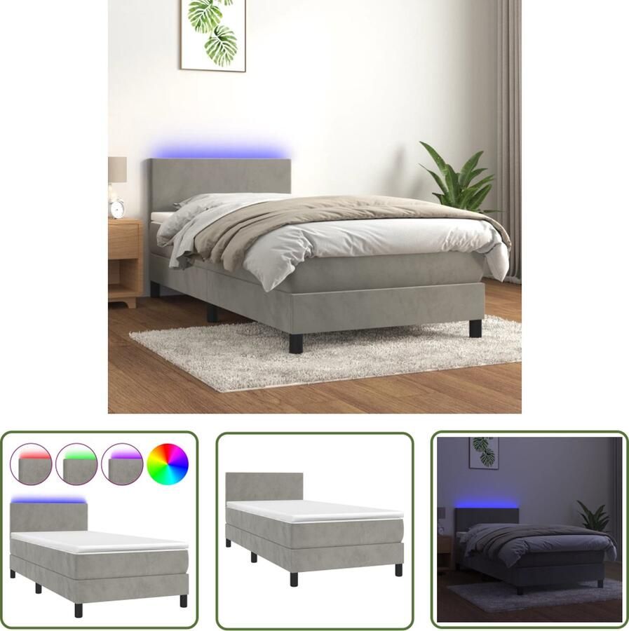 The Living Store Boxspring Lichtgrijs Fluweel 193x90x78 88 cm LED Pocketvering matras huidvriendelijk topmatras Boxspring Led Bed Velvet Bed Tweepersoonsbed King Size Bed - Foto 2