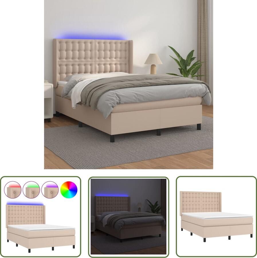 VidaXL Led Bed Boxspring Bed Boxspring met matras en LED kunstleer cappuccinokleur 140x200cm Bruine Boxspring Kunstleder Bed Slaapcomfort
