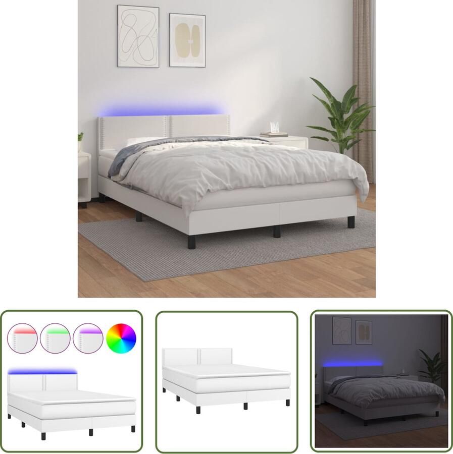 The Living Store Boxspring Bed LED Kunstleer Hoogwaardig Verstelbaar Pocketvering Huidvriendelijk 203x144x78 88 cm Wit Boxspring Bed Led Bed Kunstleder Bed Elektrisch Verstelbare Bed Pocketed Spring Mattress