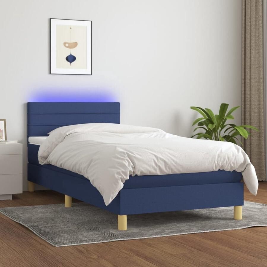 VidaXL Boxspring Bedframe met verstelbaar hoofdbord Pocketvering matras Huidvriendelijk topmatras Kleurrijke LED-verlichting Blauw 193 x 90 cm Bed
