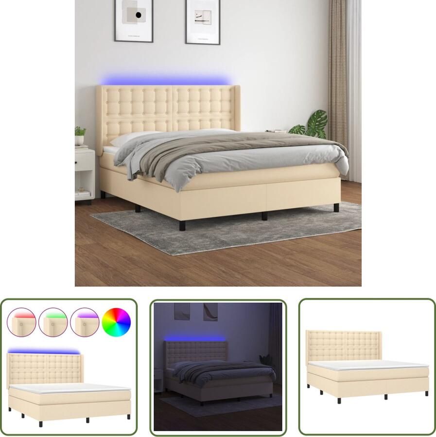 VidaXL Boxspring met matras en LED stof crèmekleurig 160x200 cm Boxspring Bed Led Bed Creme Bed Pocketveer Matras Boxspring Frame
