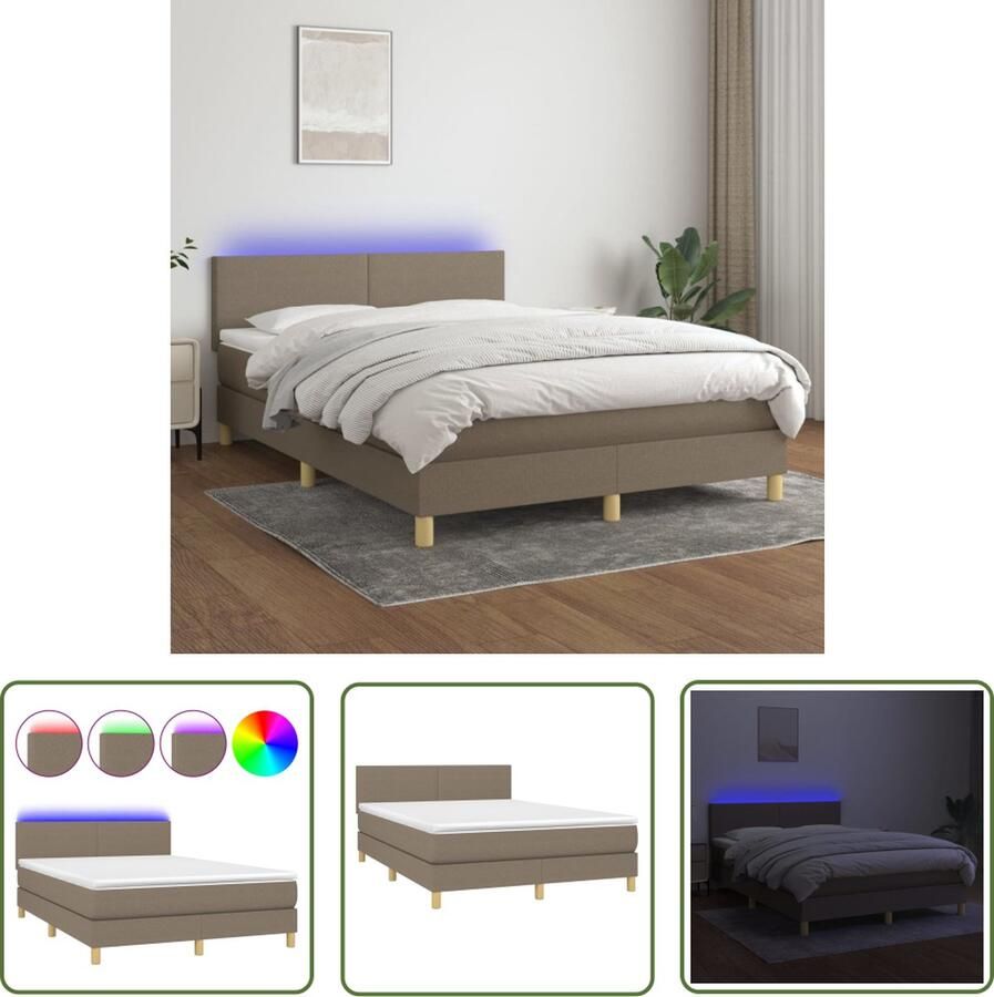 The Living Store Boxspring Bed Ledverlichting Pocketvering Matras Huidvriendelijk Topmatras Taupe 203 x 144 x 78 88 cm Boxspring Bed Led Bed Pocketed Spring Mattress Taupe Bed Slaapcomfort - Foto 2