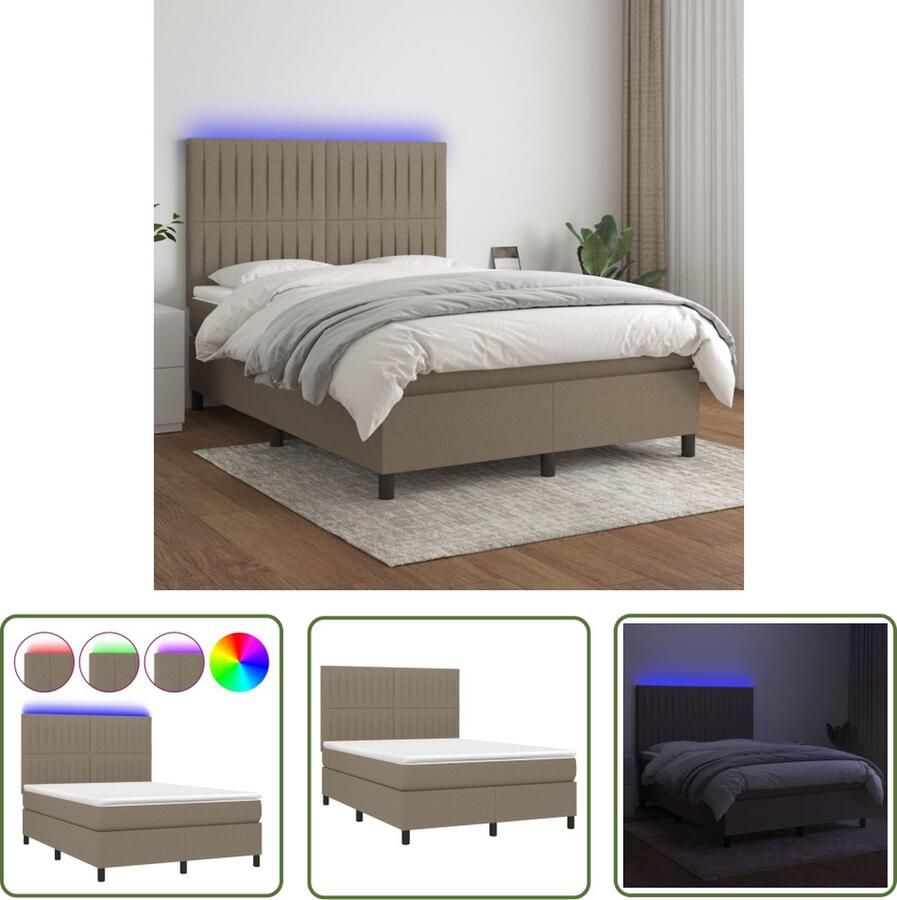 The Living Store Boxspring LED-verlichting Pocketvering matras Huidvriendelijk topmatras Taupe 193 x 144 x 118 128 cm wit 140 x 190 x 20 cm LED-strip 55 cm IP65 USB