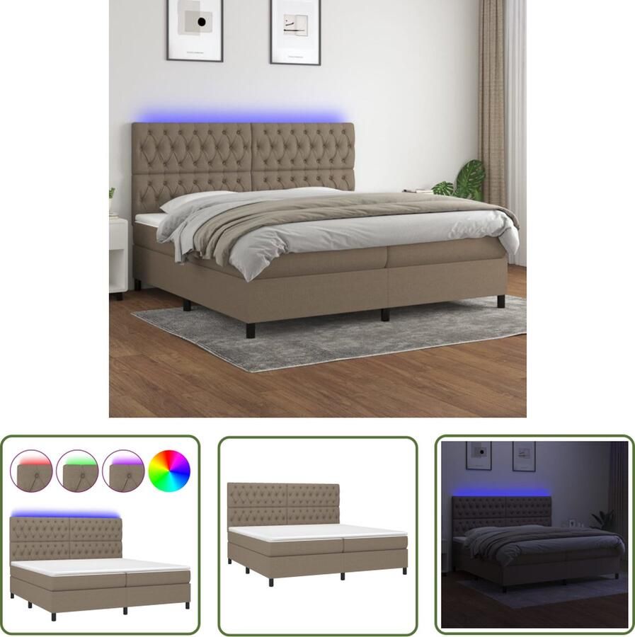 The Living Store Boxspring Bed LED Pocketvering Huidvriendelijk Taupe 203x200x118 128cm Boxspring Bed Led Bed Pocketveer Matras Taupe Bed Tweepersoons Bed - Foto 2