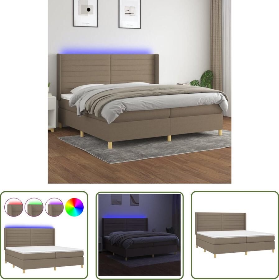 The Living Store Boxspring Bed LED 203x203x118 cm Taupe Pocketvering Matras Boxspring Bed Led Bed Taupe Bed Tweepersoons Bed Pocketed Spring Mattress