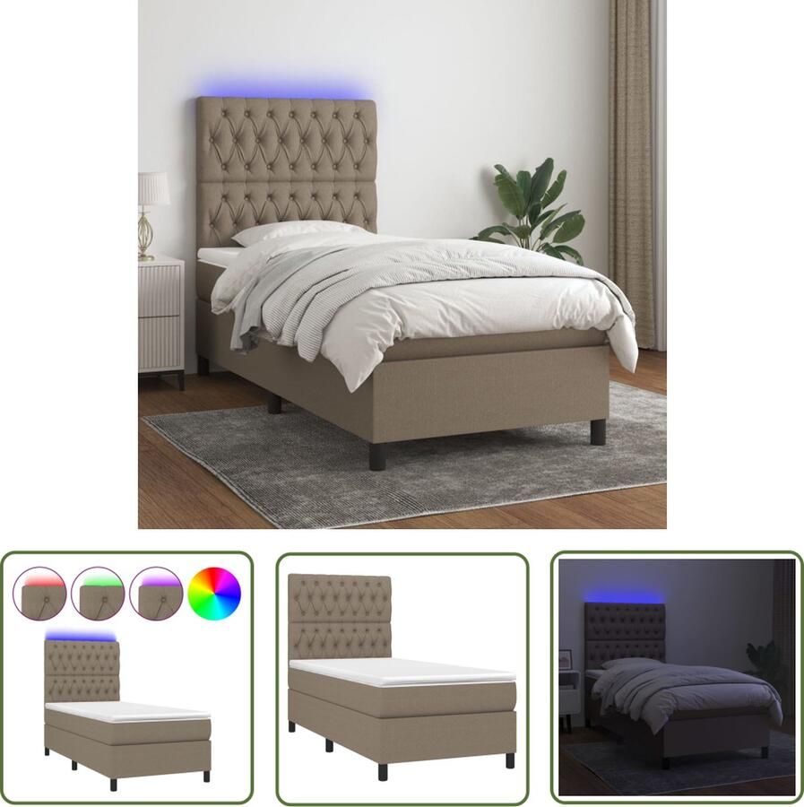 The Living Store Boxspring Bed 193 x 90 x 118 128 cm LED Pocketvering Matras Huidvriendelijk Topmatras Taupe Boxspring Bed Led Bed Pocketed Spring Mattress Taupe Bed Bedroom Furniture