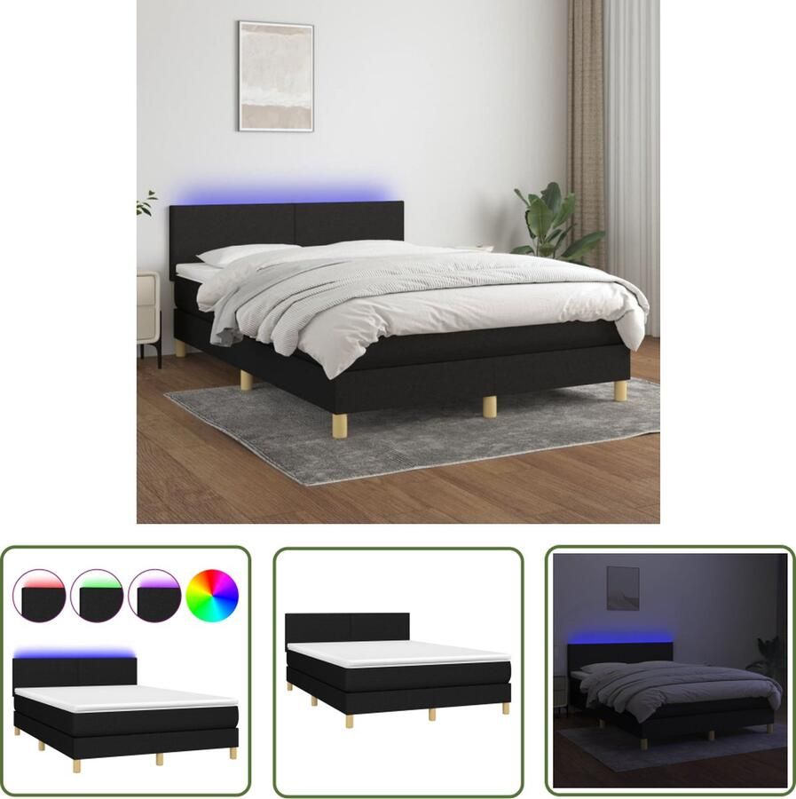The Living Store Boxspring Bed LED Pocketvering Huidvriendelijke Topmatras 140 x 200 cm Boxspring Bed Led Bed Pocketveer Matras Boxspring Frame Slaapcomfort