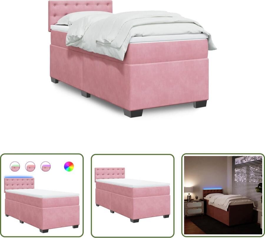 The Living Store Boxspring met matras fluweel roze 90x190 cm Boxspring Bed Led Bed Velvet Bed Pink Bed Tweepersoonsbed