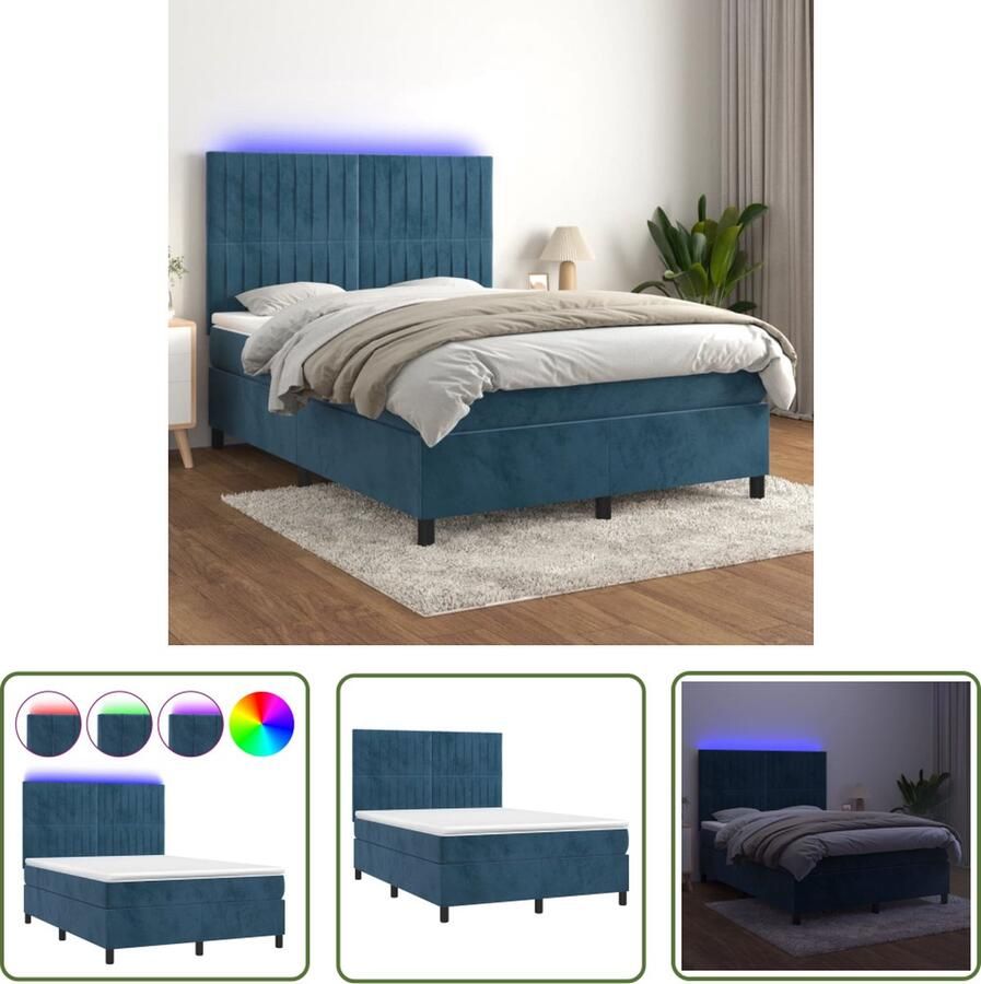 The Living Store Boxspring met matras en LED fluweel donkerblauw 140x190 cm Boxspring Led Bed Velvet Bed Donkere Blauwe Boxspring Tweepersoons Bed