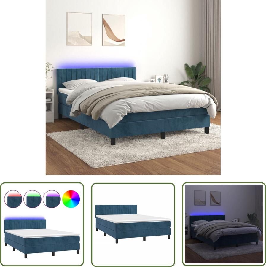 The Living Store Boxspring met matras en LED fluweel donkerblauw 140x190 cm Boxspring Led Bed Velvet Bed Tweepersoonsbed Slaapcomfort