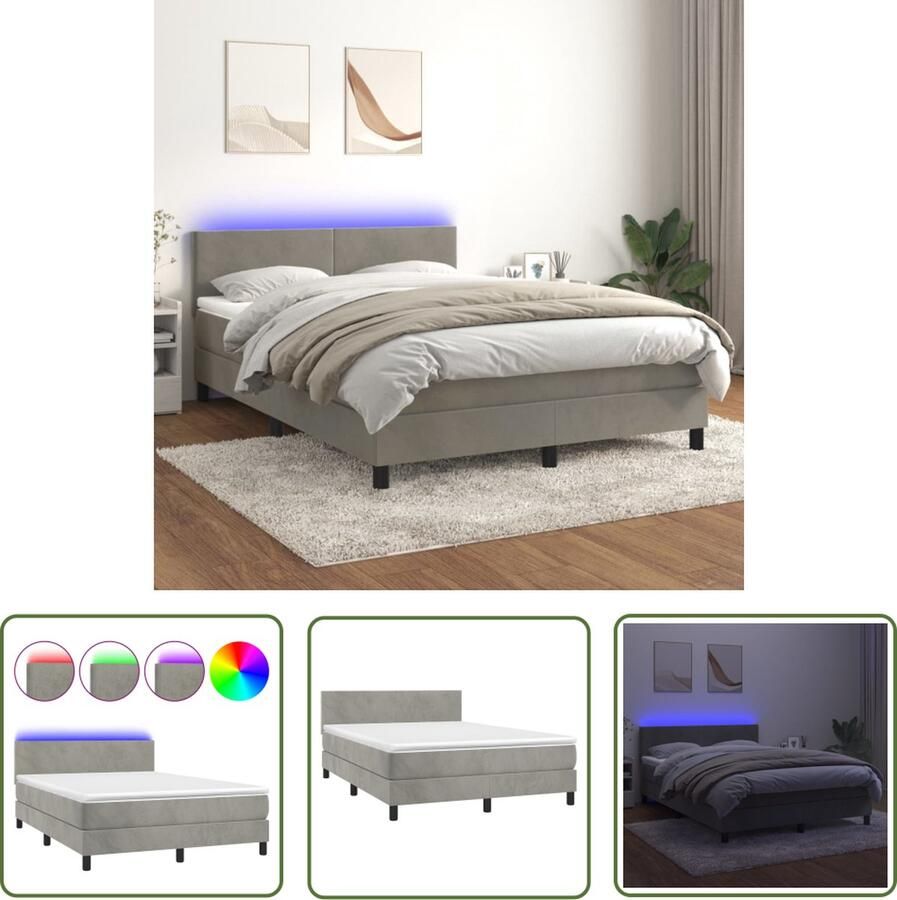 The Living Store Bed Fluweel LED Pocketvering HygiÃnisch topmatras Lichtgrijs 203x144x78 88 cm 140x200x20 cm 140x200x5 cm Boxspring Led Bed Velvet Bed Tweepersoonsbed King Size Bed - Foto 2