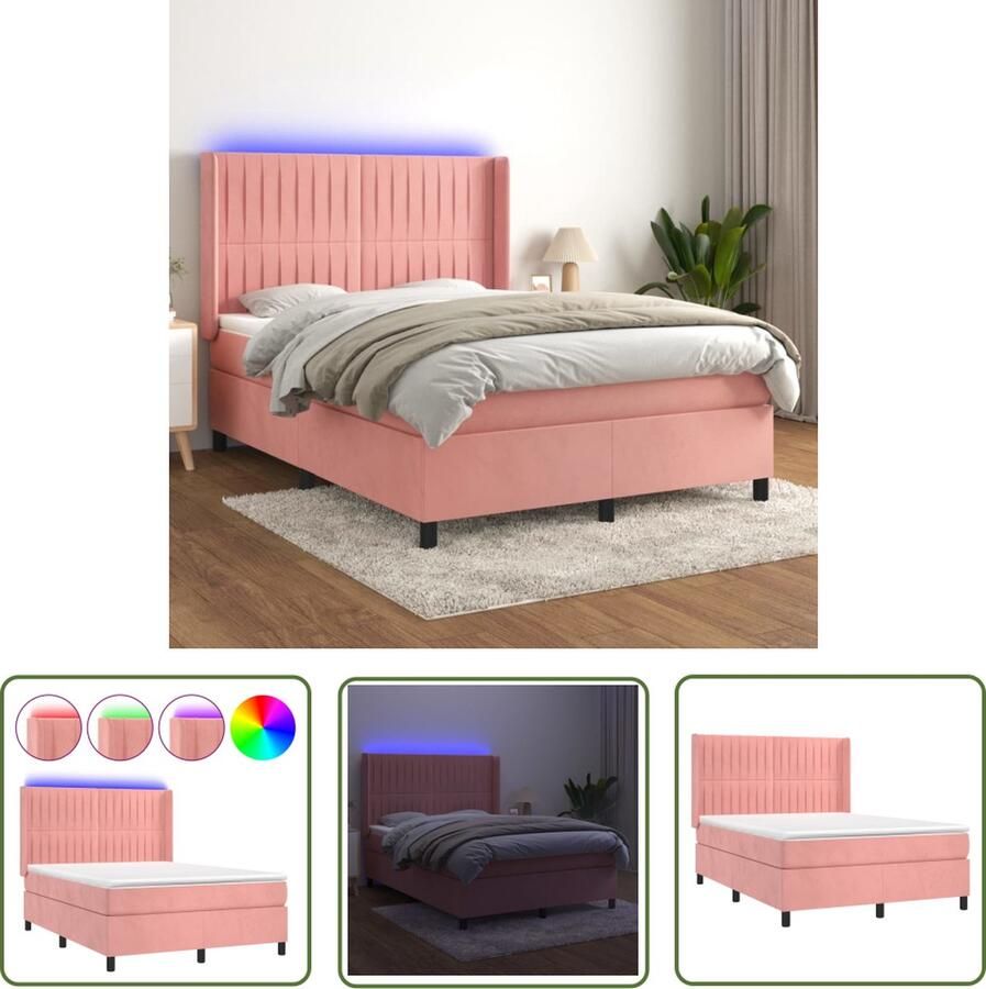 The Living Store Boxspring Bed Fluweel LED Pocketvering Huidvriendelijk Roze 193x147x118 128 cm Boxspring Led Bed Velvet Bed Rooskleurig Bed Tweepersoonsbed