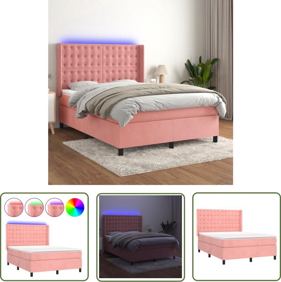 The Living Store Boxspring met matras en LED fluweel roze 140x190 cm Boxspring Led Bed Velvet Bed Rosé Bed Tweepersoonsbed
