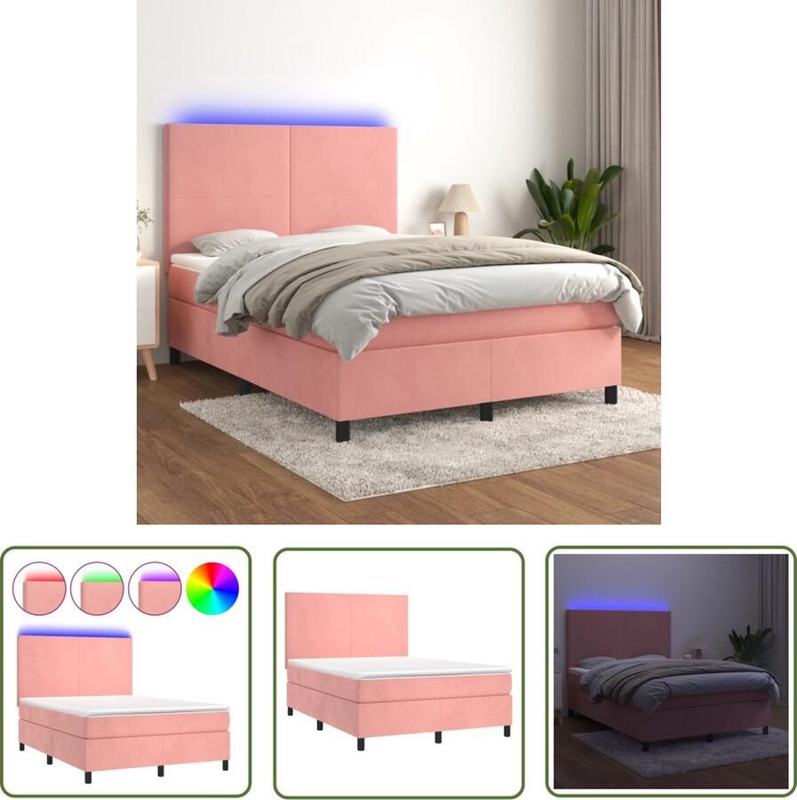 The Living Store Boxspring Fluweel LED Pocketvering Huidvriendelijk 193x144x118 128 cm Roze Boxspring Led Bed Velvet Bed Roze Bed Tweepersoonsbed
