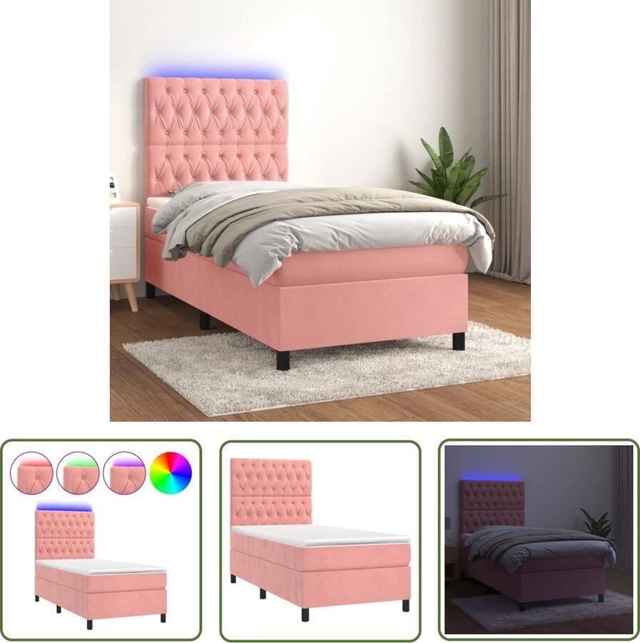 The Living Store Boxspring met matras en LED fluweel roze 80x200 cm Boxspring Led Bed Velvet Bed Rooskleurig Bed Tweepersoonsbed